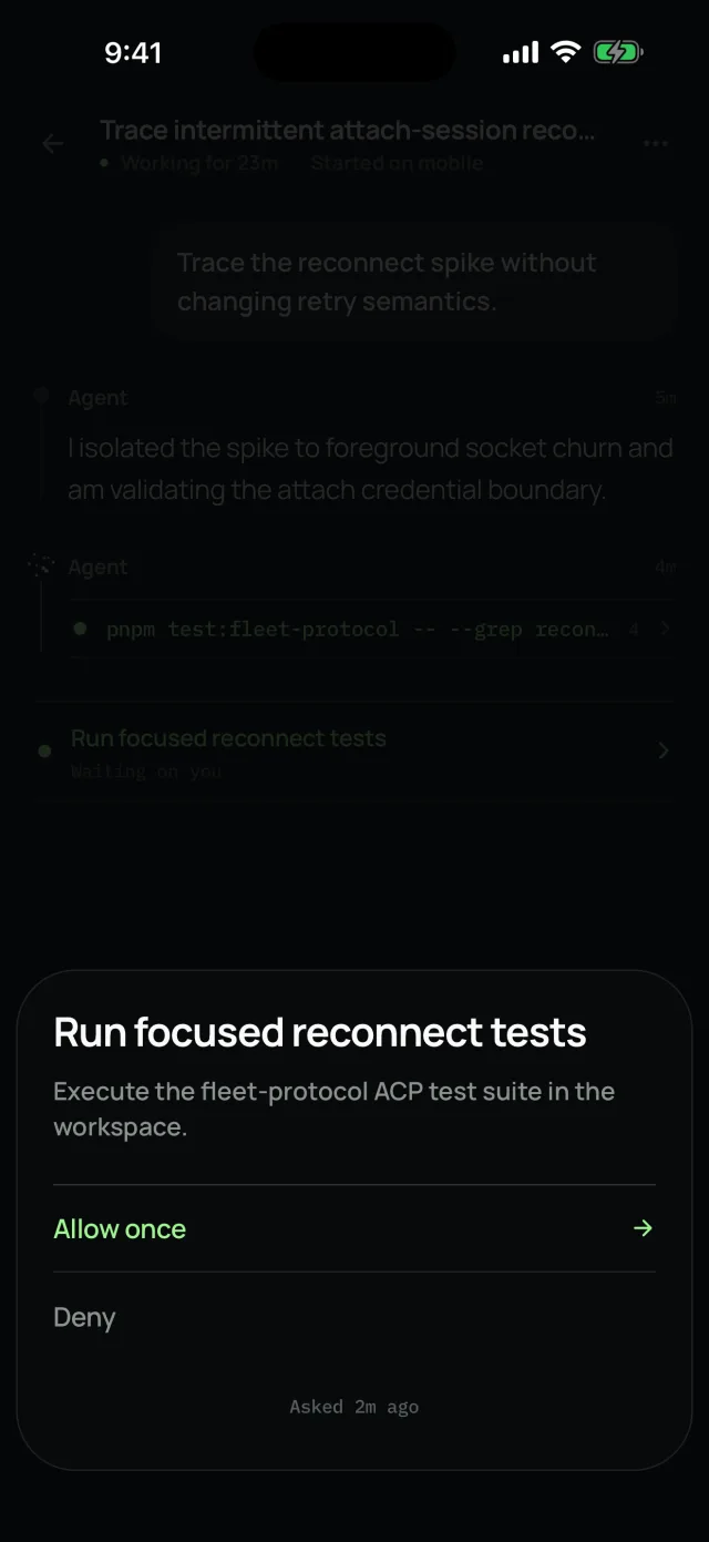 An approval sheet over the session: the agent asks to run focused reconnect tests, with Allow once and Deny.